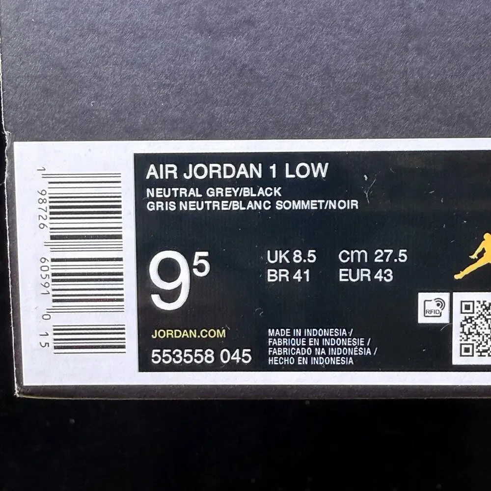 Nike Air Jordan 1 Low Neutral Grey Black (553558 045) Men's Size 9.5